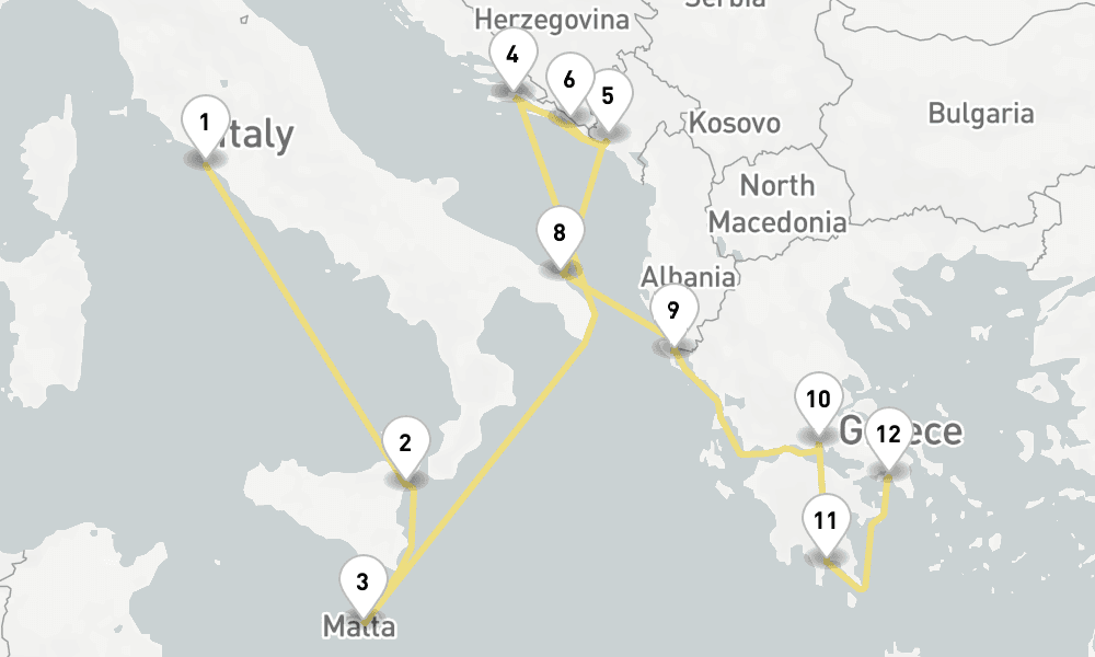 14 days, one-way from Civitavecchia-Rome to Piraeus-Athens 15日間