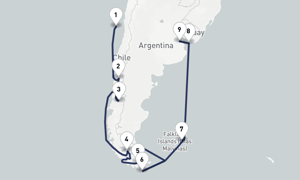 14 days, one-way from San Antonio to Buenos Aires 15日間