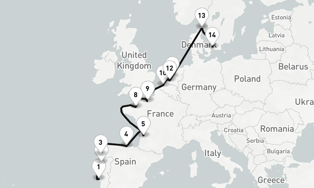 16 days, one-way from Lisbon to Copenhagen 17日間