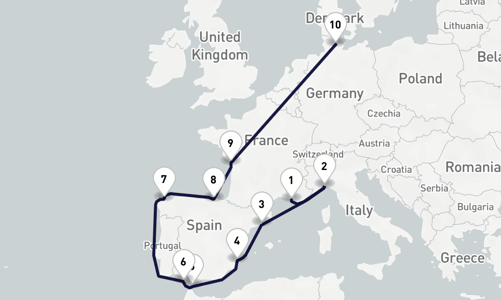 13 days, one-way from Marseille to Kiel 14日間