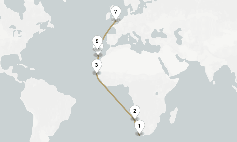20 days, one-way from Cape Town to Southampton 21日間