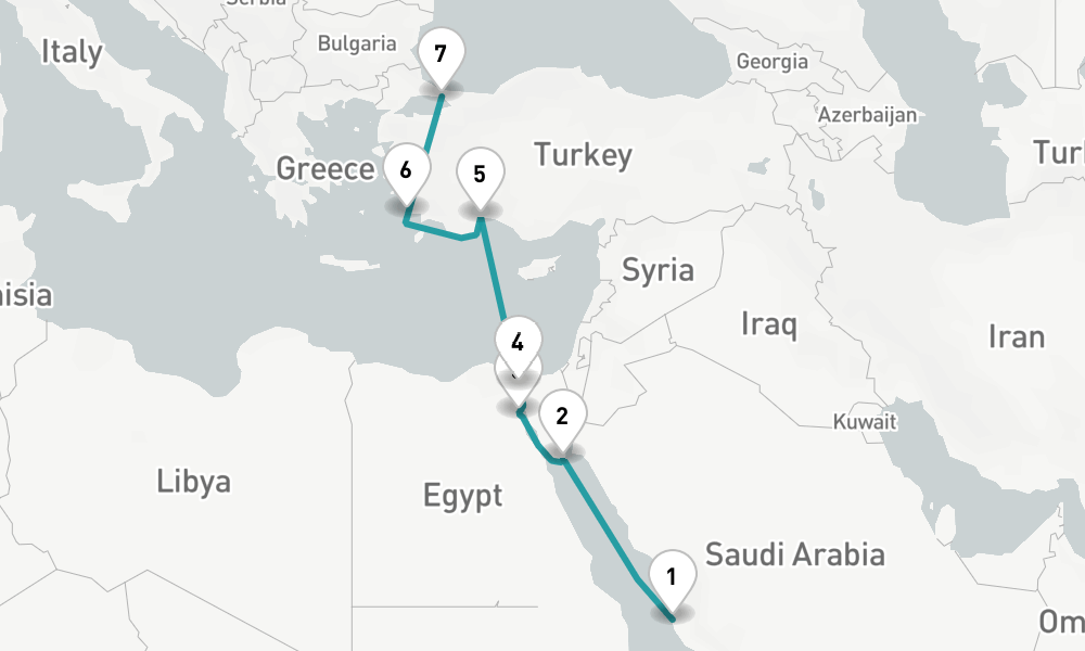 8 days, one-way from Jeddah to Istanbul 9日間