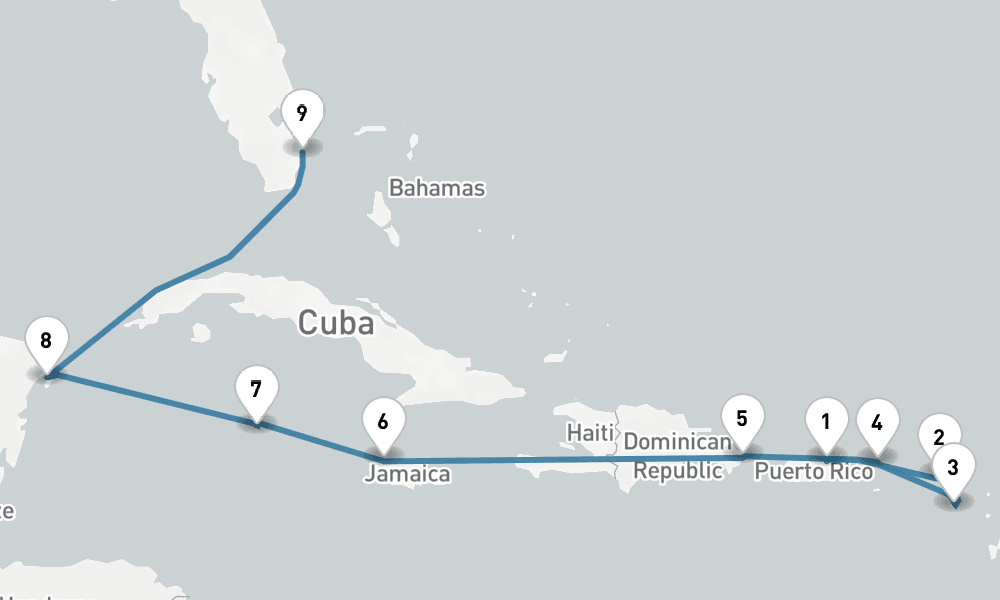 10 days, one-way from San Juan to Fort Lauderdale 11日間