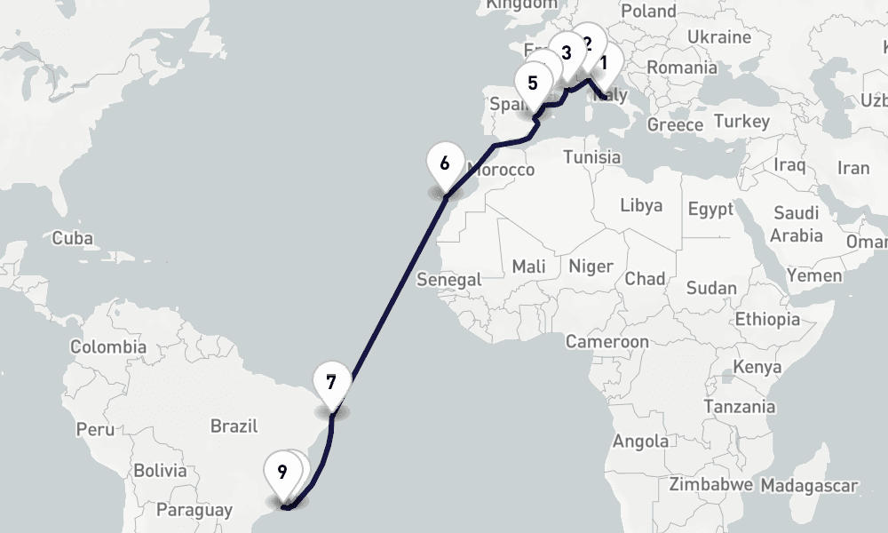18 days, one-way from Civitavecchia-Rome to Rio de Janeiro 19日間