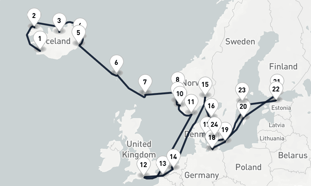 26 days, one-way from Reykjavik to Copenhagen 27日間