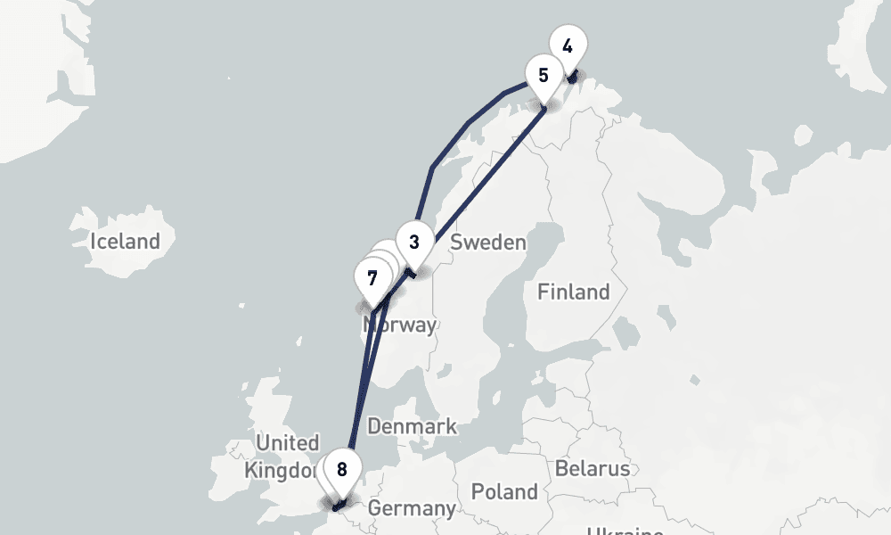 14 days, round-trip 14 Nuit Soleil de Minuit et Fjords de Norvegravege 15日間