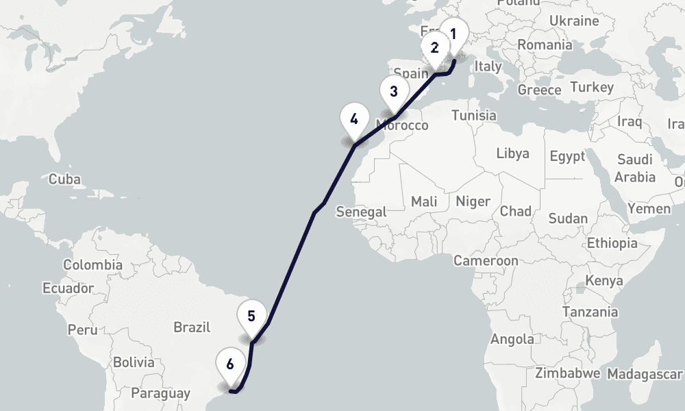 14 days, one-way from Marseille to Rio de Janeiro 15日間