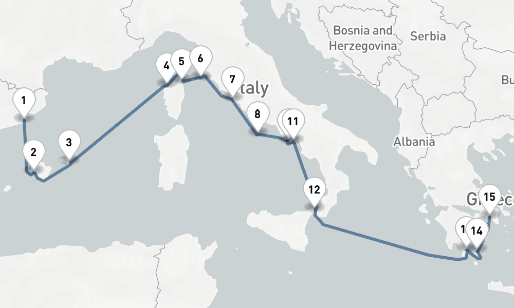 15 nights / 16 days, one-way from Barcelona to Piraeus (Athens, Greece)