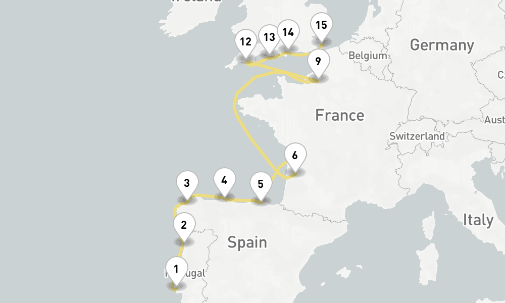 15 days, one-way from Lisbon to Dover 16日間