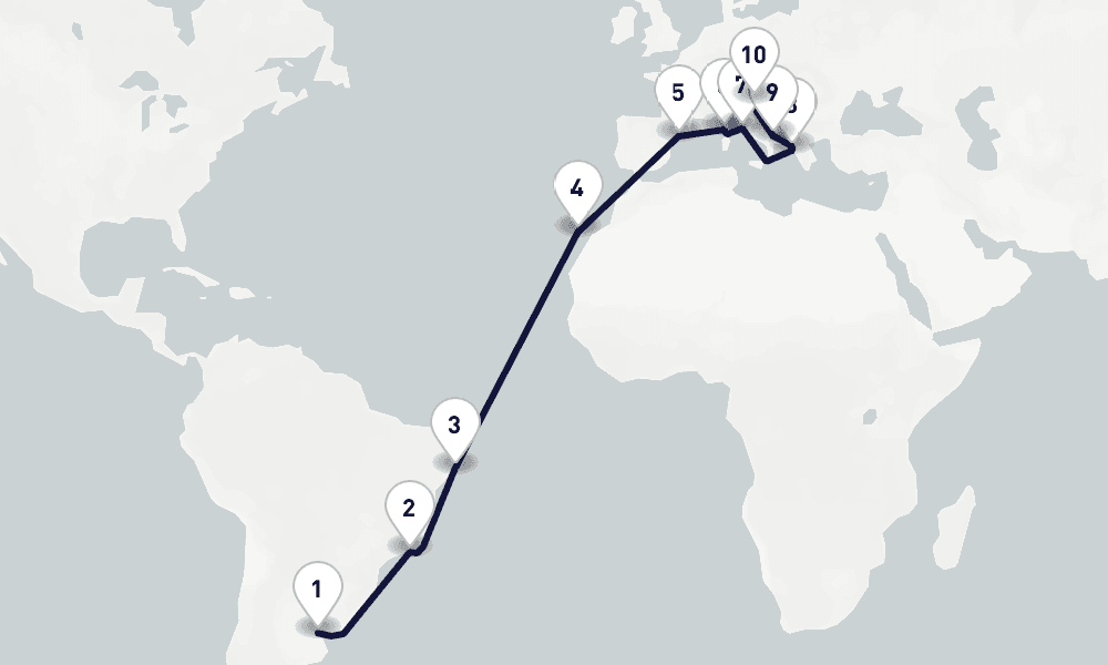 22 days, one-way from Buenos Aires to Trieste 23日間