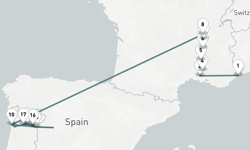 14 nights / 15 days, one-way from Villefranche-sur-Mer (Nice, France Riviera) to Porto