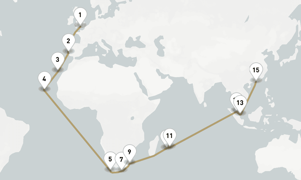 43 days, one-way from Southampton to Hong Kong 44日間