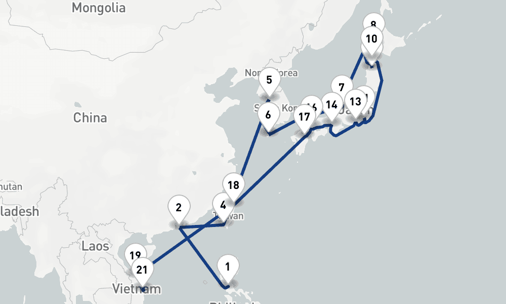 33 days, one-way from Manila to Saigon 34日間