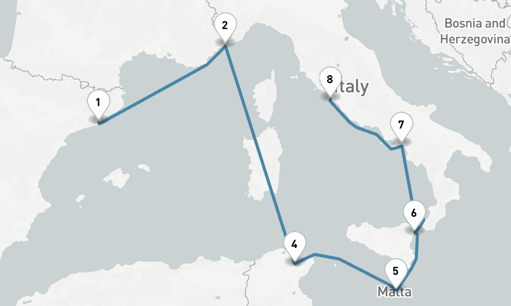 9 days, one-way from Barcelona to Civitavecchia-Rome 10日間