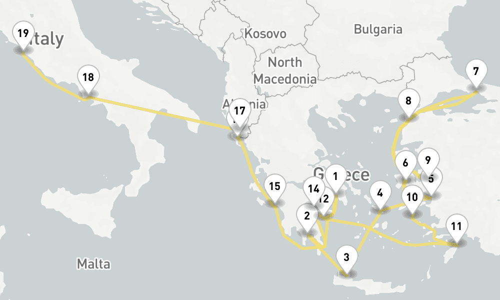 21 days, one-way from Piraeus-Athens to Civitavecchia-Rome 22日間