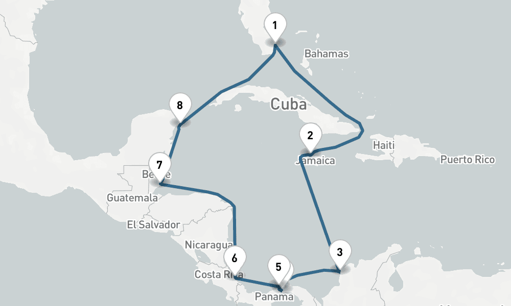 11 days, round-trip Panama Canal Round-trip Miami Mexico, Jamaica Costa Rica 12日間