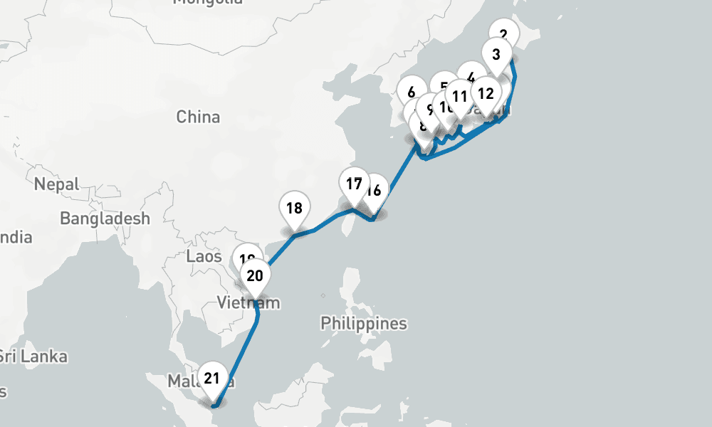 28 days, one-way from Yokohama to Singapore 29日間