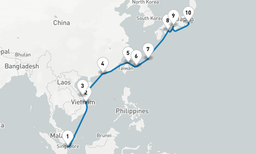 15 days, one-way from Singapore to Yokohama 16日間