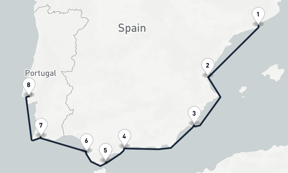 7 days, one-way from Barcelona to Lisbon 8日間