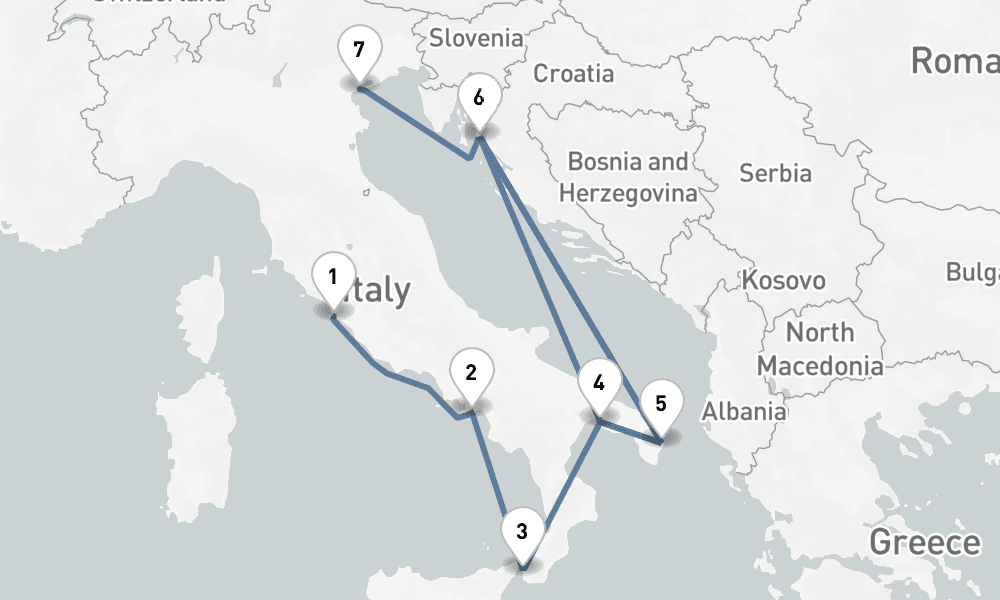 8 nights / 9 days, one-way from Civitavecchia (Rome, Italy) to Venice