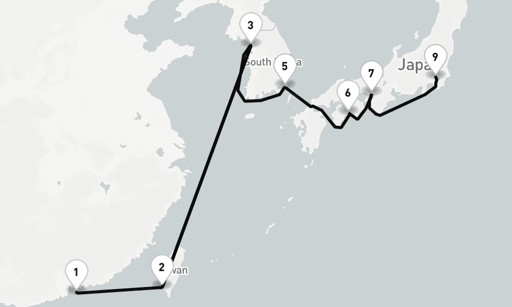 14 nights / 15 days, one-way from Hong Kong to Tokyo