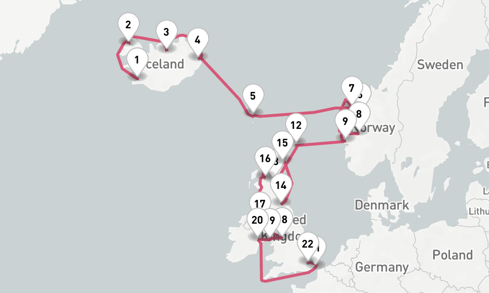 26 nights / 27 days, one-way from Reykjavik to Tilbury (London, England)