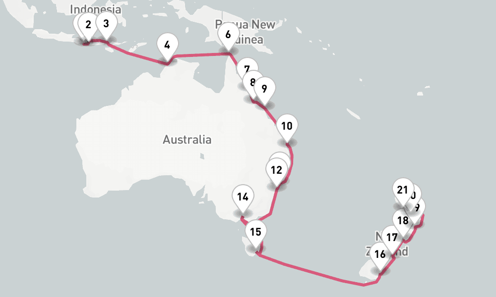 30 nights / 31 days, one-way from Benoa (Bali, Indonesia) to Auckland