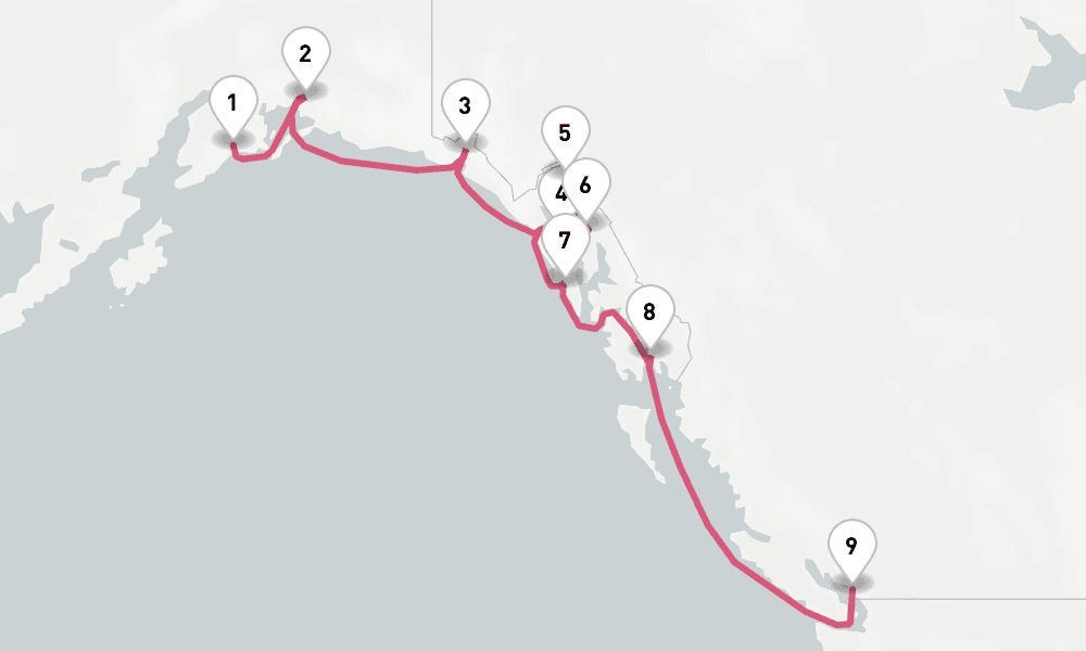 10 nights / 11 days, one-way from Seward (Alaska) to Vancouver (BC Canada)