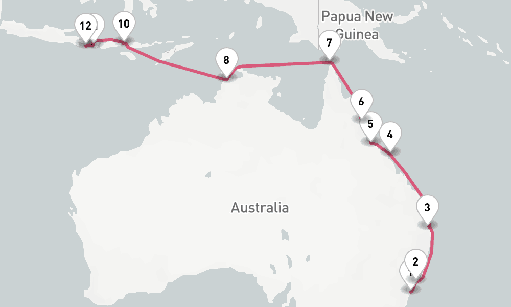 16 nights / 17 days, one-way from Sydney (NSW, Australia) to Benoa (Bali, Indonesia)