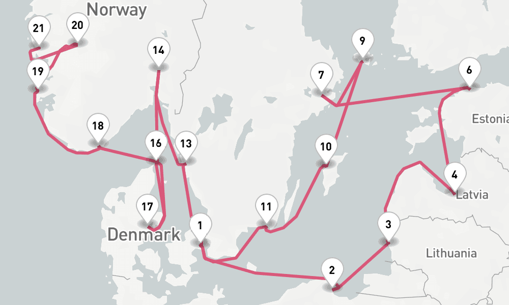 21 nights / 22 days, one-way from Copenhagen to Bergen