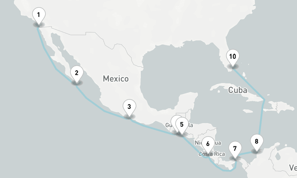 17 nights / 18 days, one-way from San Diego (California) to Miami (Florida)