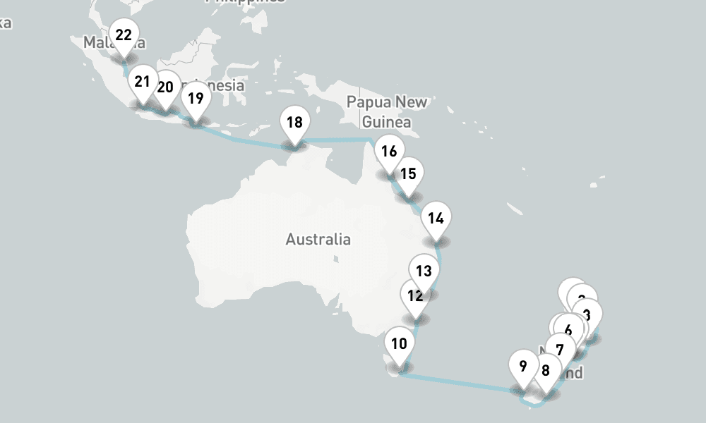 35 nights / 36 days, one-way from Auckland to Singapore