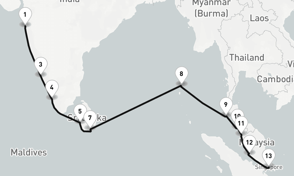 18 nights / 19 days, one-way from Mumbai (Bombay, India) to Singapore