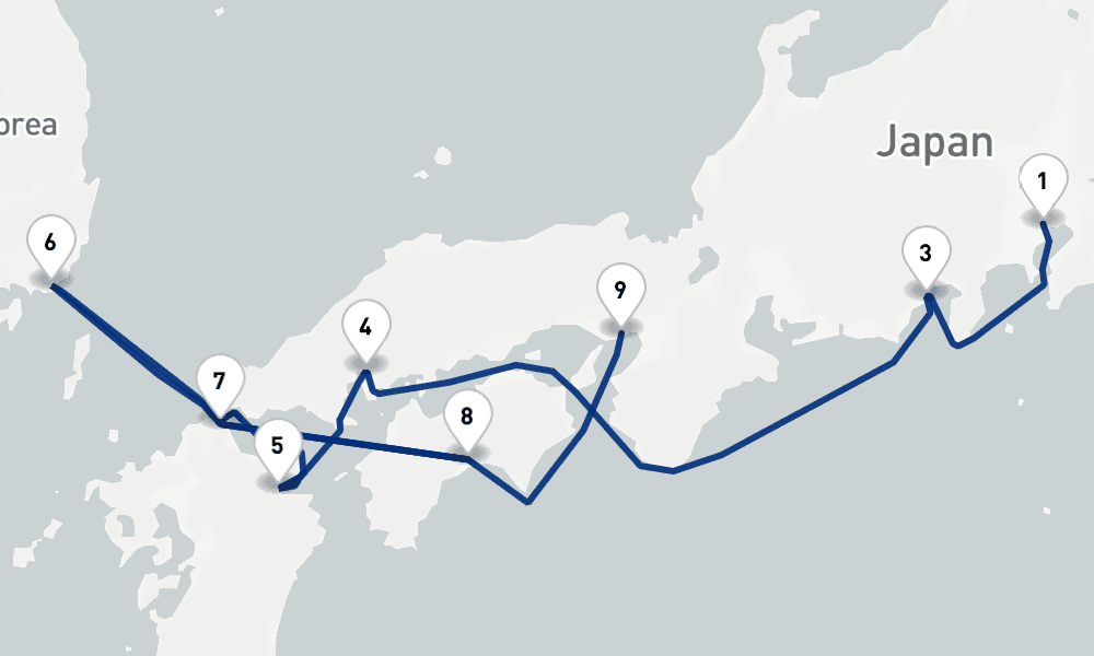 9 nights / 10 days, one-way from Tokyo to Kobe (Osaka-Kyoto, Japan)