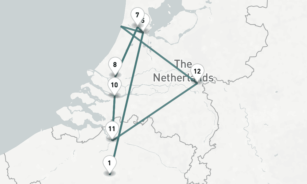 10 nights / 11 days, one-way from Brussels to Amsterdam (Holland)