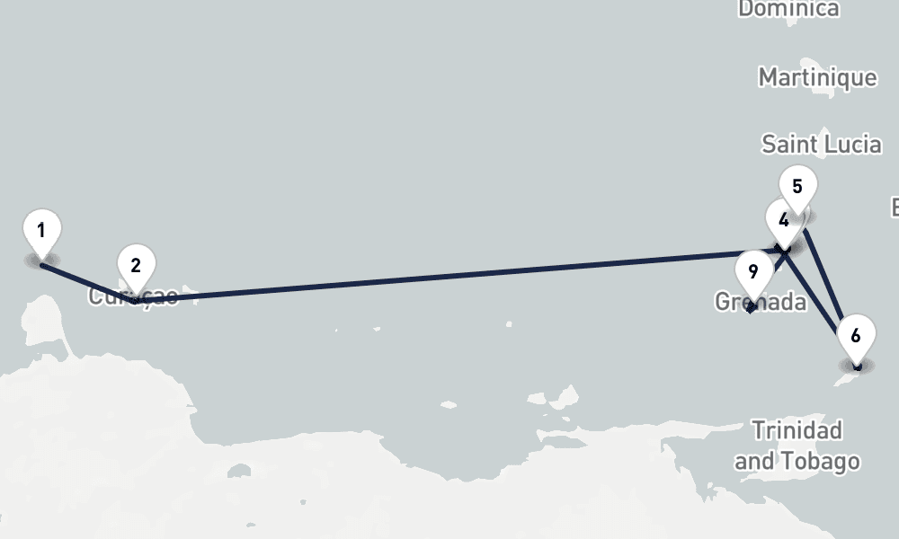 10 nights / 11 days, one-way from Oranjestad (Aruba Island, Dutch Antilles) to St Georges