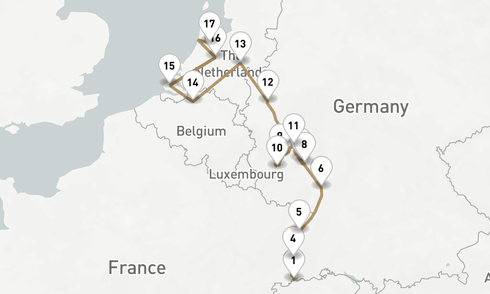 18 nights / 19 days, one-way from Basel to Amsterdam (Holland)