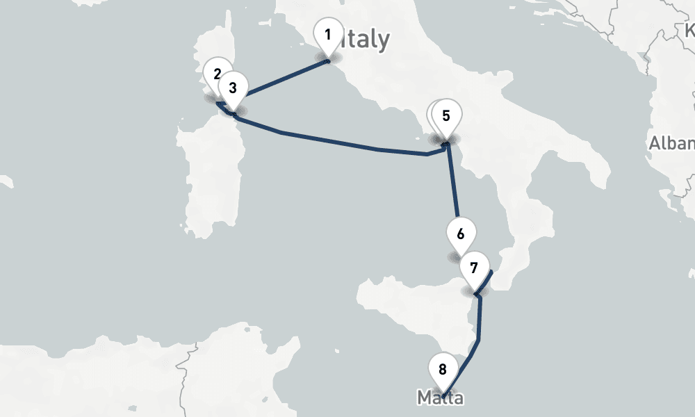 7 nights / 8 days, one-way from Civitavecchia (Rome, Italy) to Valletta
