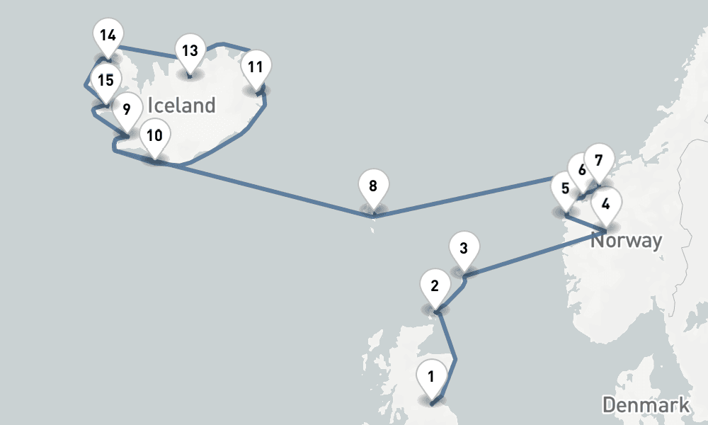 18 nights / 19 days, one-way from Edinburgh (Leith, Scotland) to Reykjavik