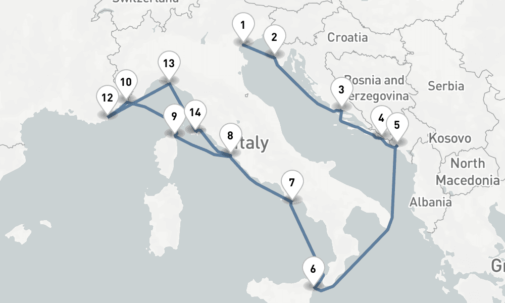15 nights / 16 days, one-way from Venice to Civitavecchia (Rome, Italy)