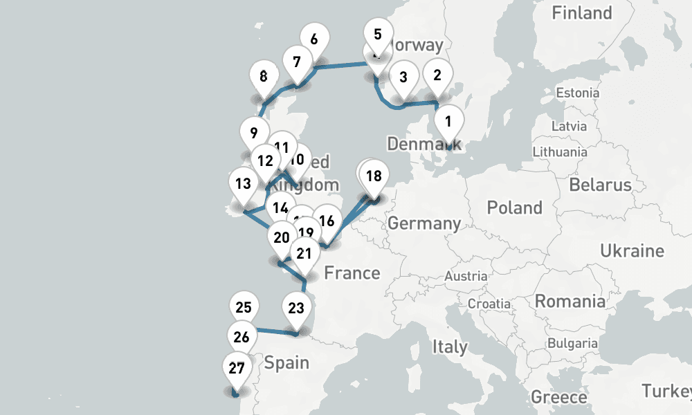 29 days, one-way from Copenhagen to Lisbon 30日間