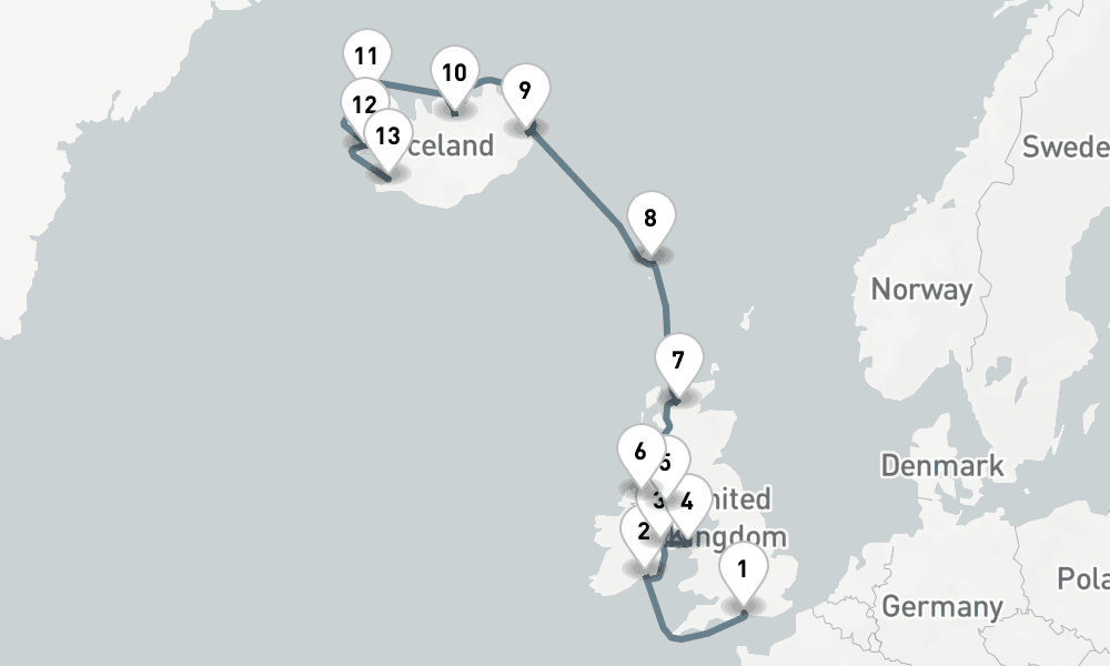 14 days, one-way from Southampton to Reykjavik 15日間