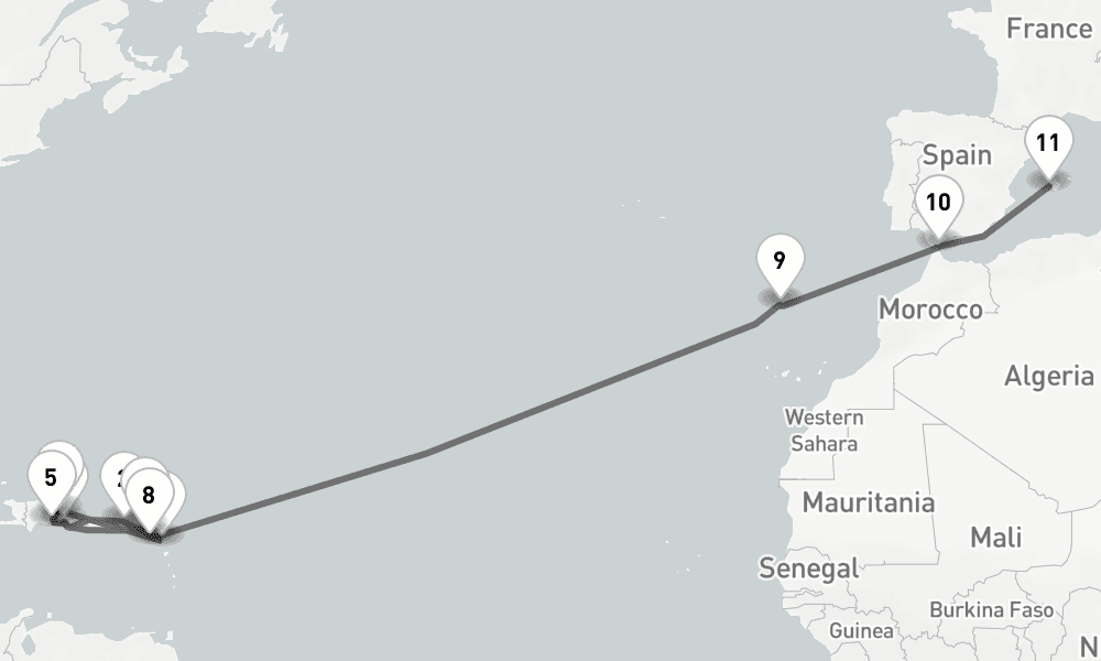 22 days, one-way from La Romana to Palma de Mallorca 23日間