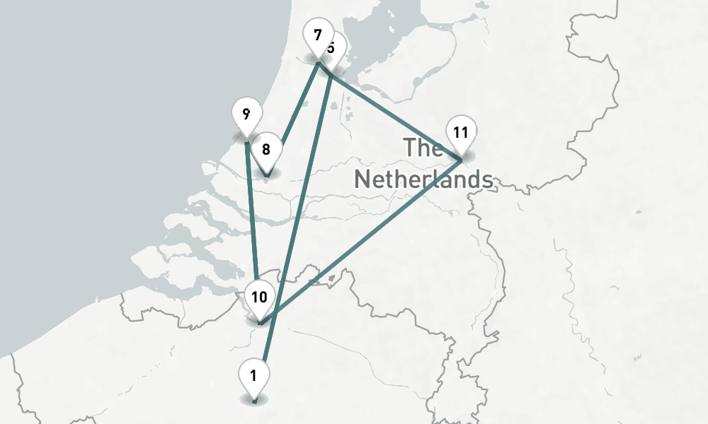10 nights / 11 days, one-way from Brussels to Amsterdam (Holland)