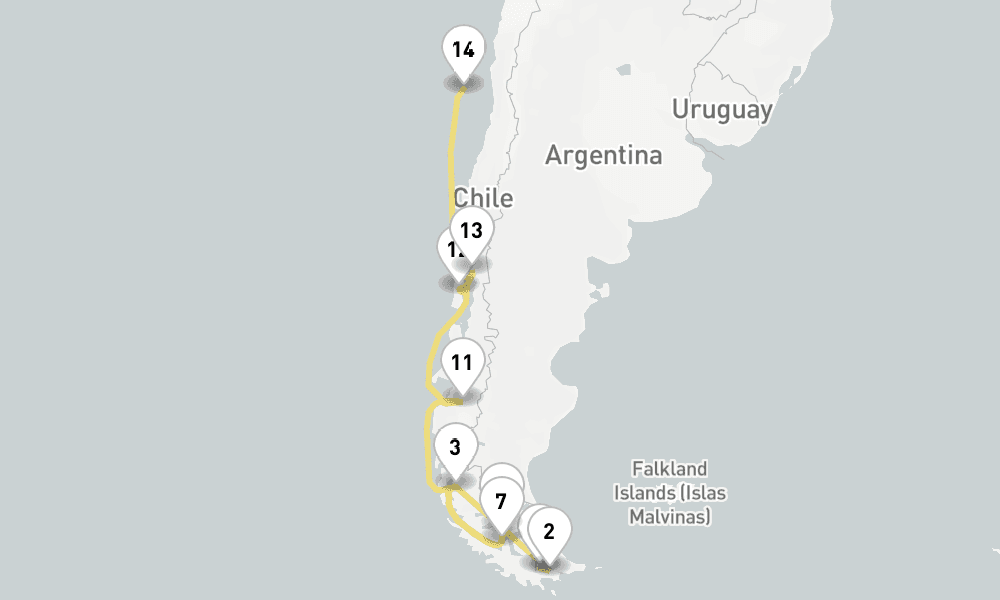 14 days, one-way from Ushuaia to San Antonio 15日間