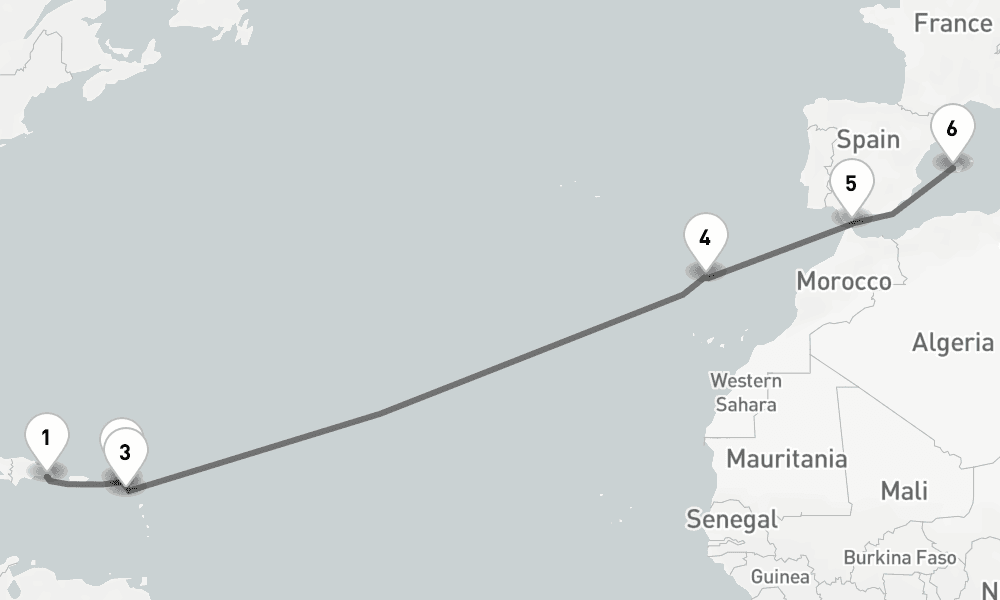 15 days, one-way from La Romana to Palma de Mallorca 16日間