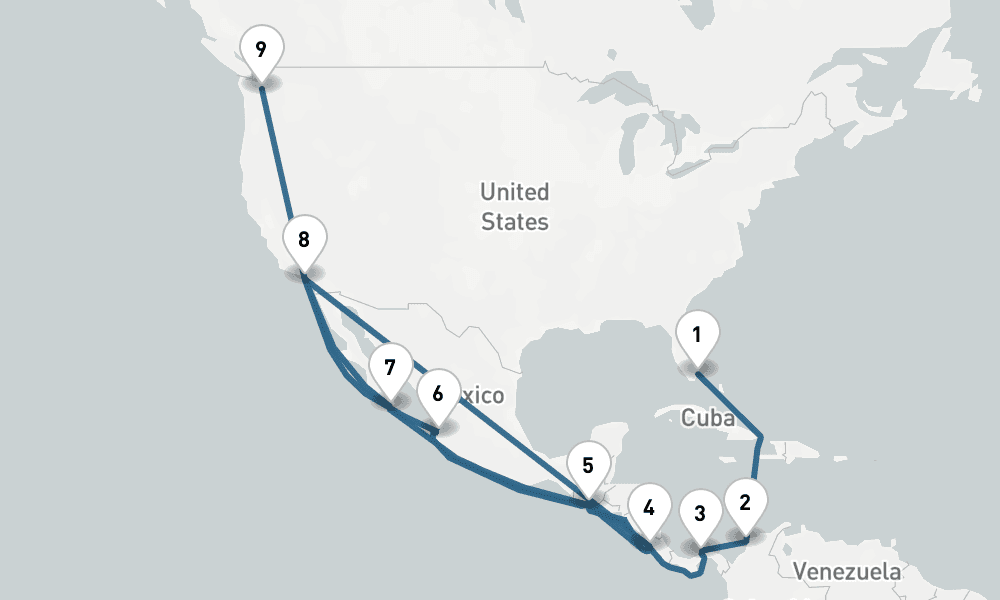 18 days, one-way from Miami to Seattle 19日間