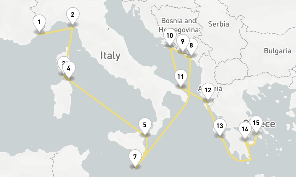 17 days, one-way from Villefranche-sur-Mer to Piraeus-Athens 18日間