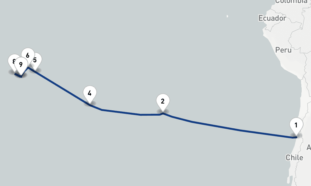 18 days, one-way from Valparaiso-Santiago to Papeete 19日間
