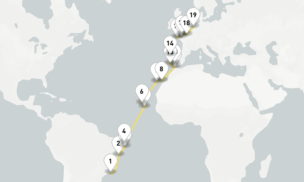 31 days, one-way from Rio de Janeiro to Amsterdam 32日間